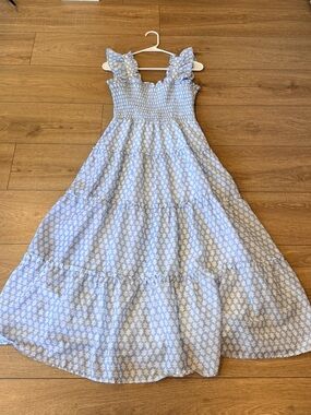 Light Blue & White Flowy Floral Smocked Maxi Dress